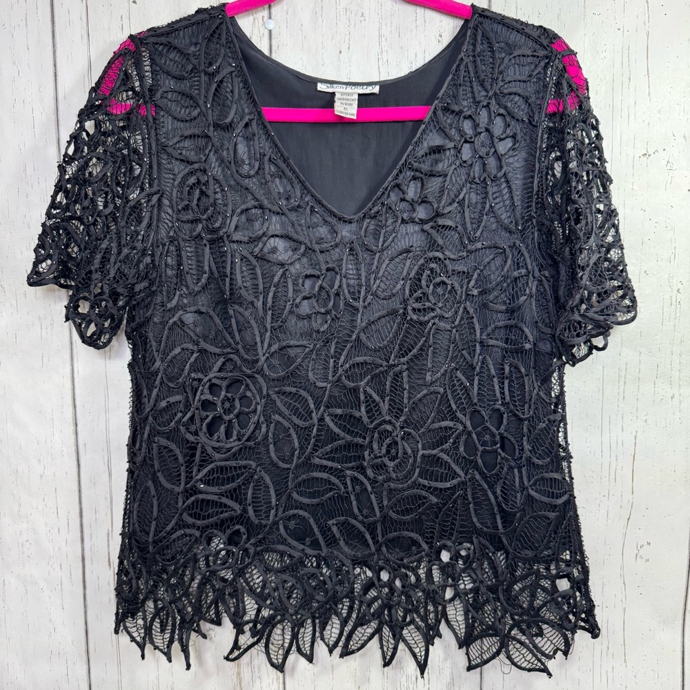 Silken Poetry 100% Silk Hand Crochet Black Lace Top XL Boho Luxe Cottagecore